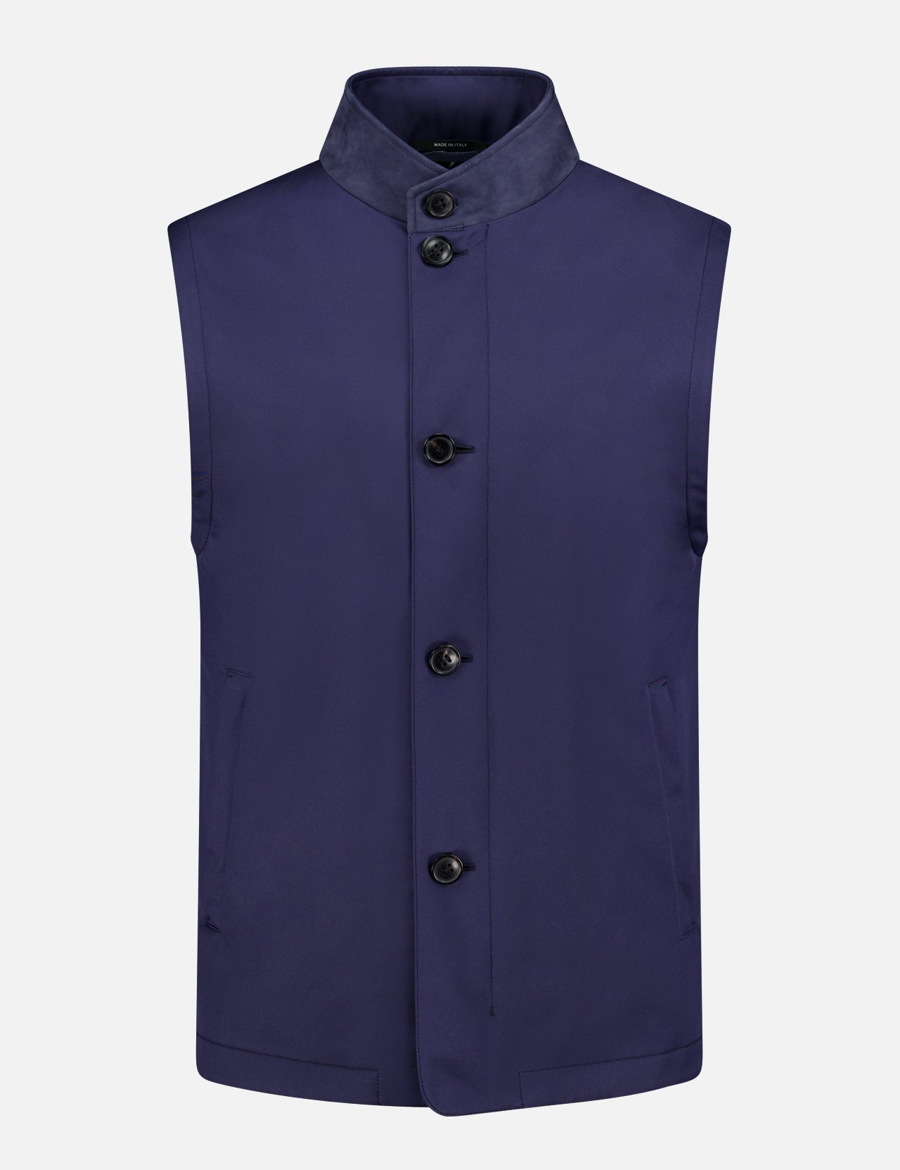 The ZEGNA Microfiber Polyester Twill Vest features a high leather collar, water-repellent navy fabric, four black front buttons, and two slanted side pockets, shown against a plain white background.