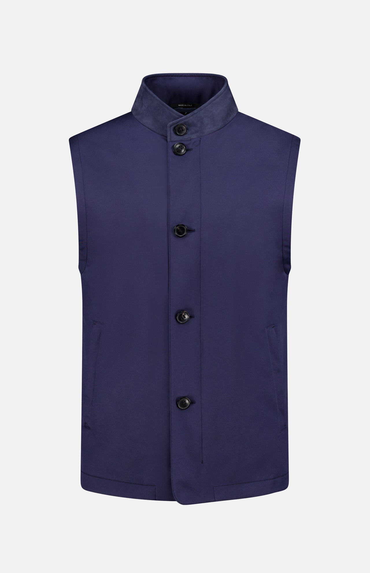 The ZEGNA Microfiber Polyester Twill Vest features a high leather collar, water-repellent navy fabric, four black front buttons, and two slanted side pockets, shown against a plain white background.