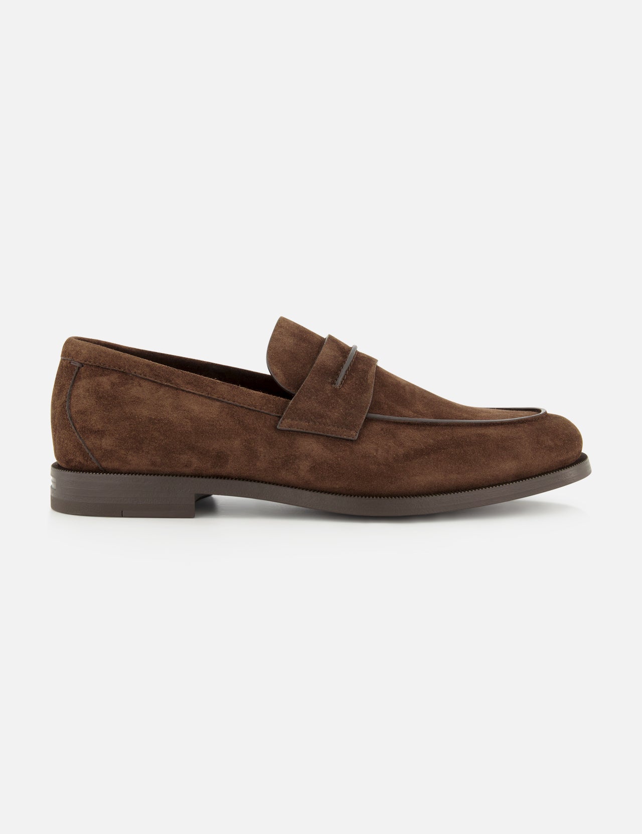 Introducing the Mocassin Loafer with Band by ZEGNA—a men’s loafer crafted from sumptuous brown Italian suede. This classic shoe features a low heel, rounded toe, and a signature decorative band across the top. Photographed in profile on a white background, it embodies timeless design and refined Italian craftsmanship. Made in Italy.