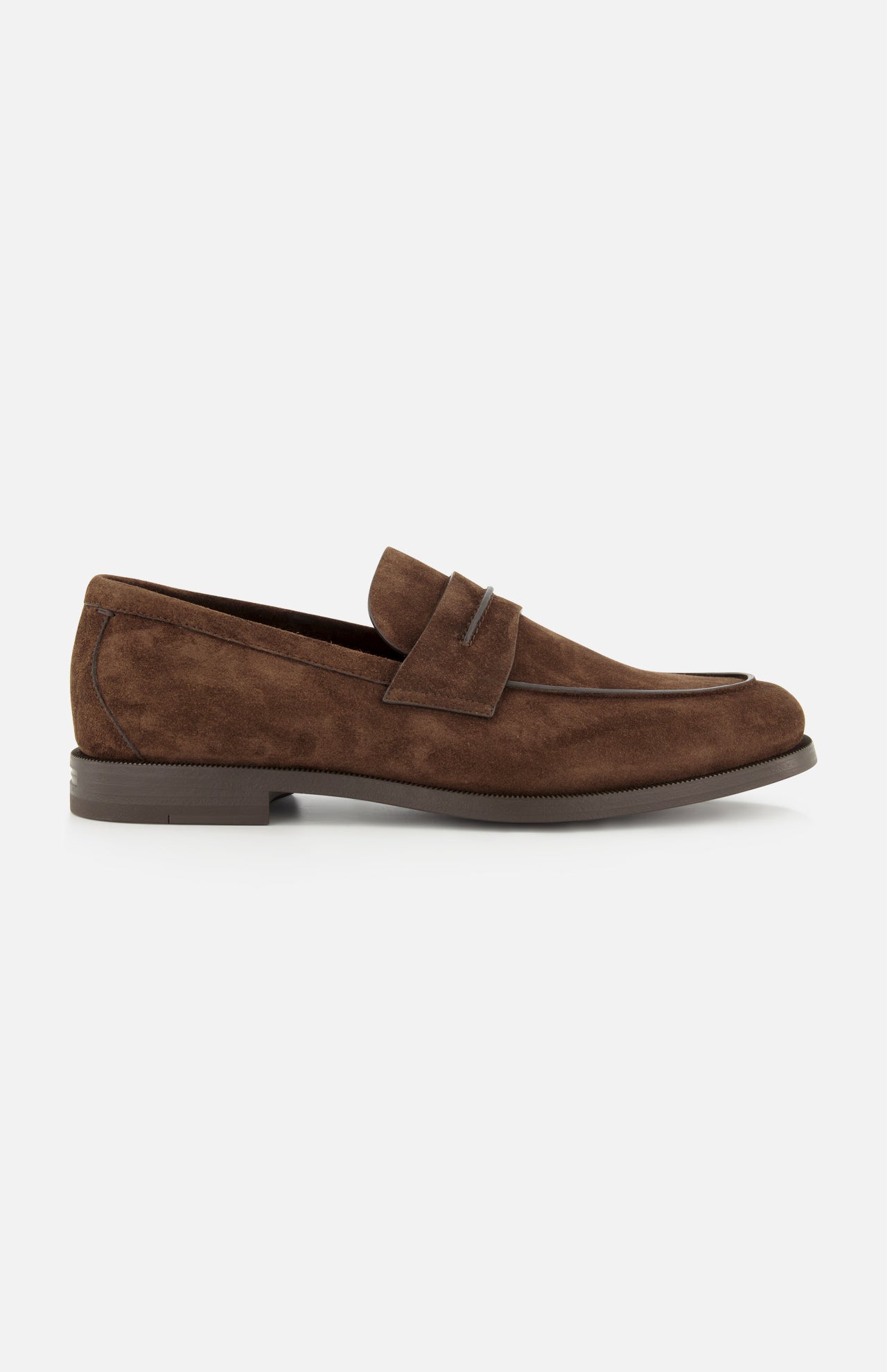 Introducing the Mocassin Loafer with Band by ZEGNA—a men’s loafer crafted from sumptuous brown Italian suede. This classic shoe features a low heel, rounded toe, and a signature decorative band across the top. Photographed in profile on a white background, it embodies timeless design and refined Italian craftsmanship. Made in Italy.