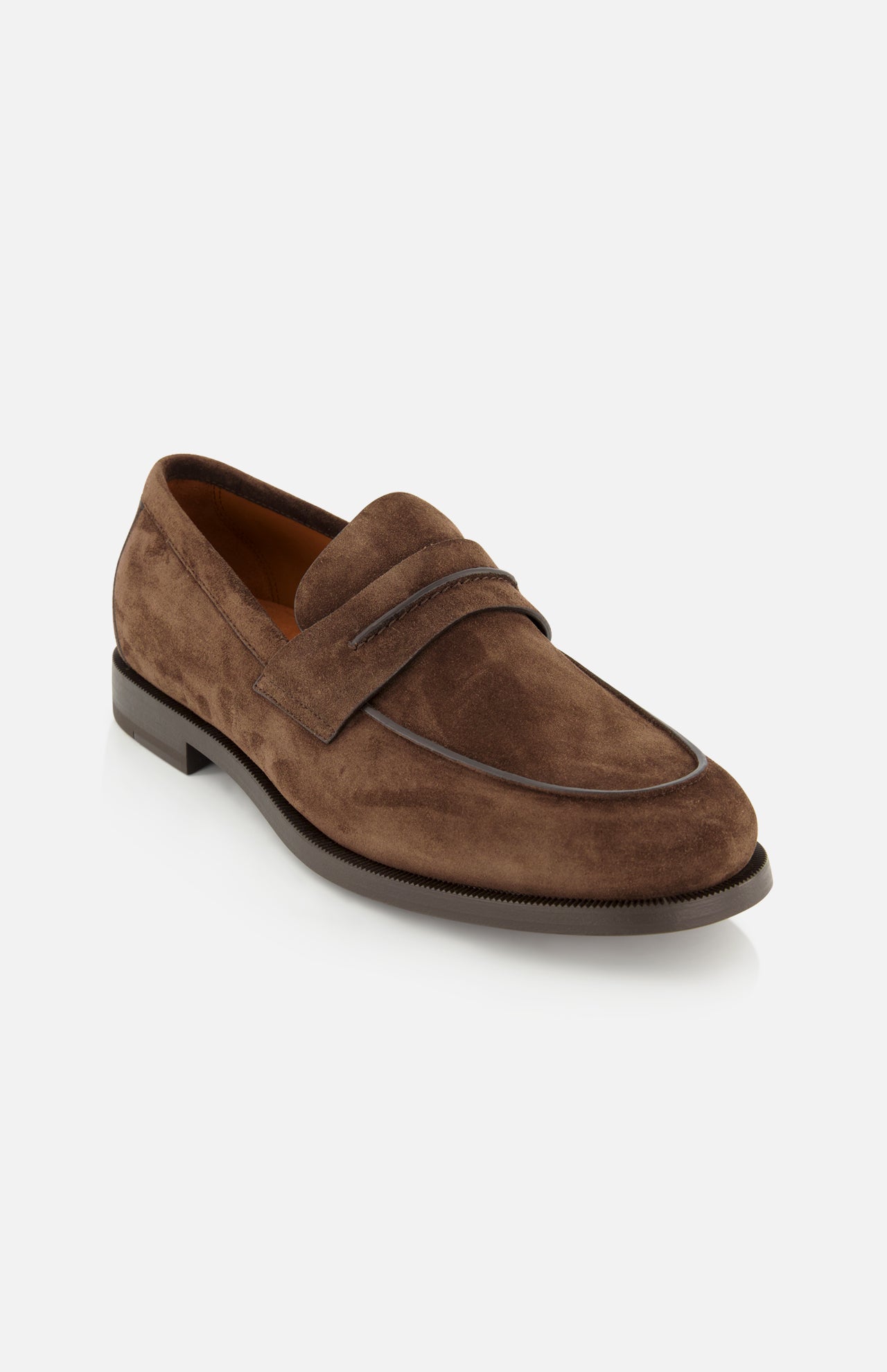 The Mocassin Loafer with Band by ZEGNA is crafted from brown Italian suede and features a low heel, rounded toe, and subtle stitching details. This men’s loafer is designed with a signature penny strap across the upper and a dark sole, shown against a plain white background.