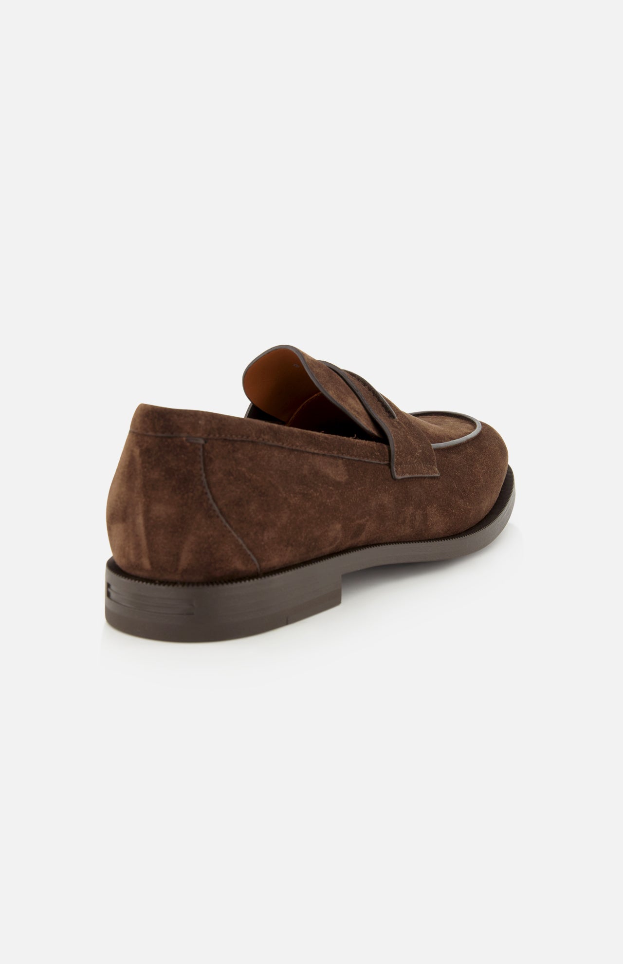 A single ZEGNA Mocassin Loafer with Band is displayed at a rear angle against a plain white background, highlighting its smooth Italian suede texture, low heel, and classic penny strap. This men’s moccasin reflects ZEGNA’s commitment to timeless craftsmanship and sophistication.