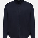 The ZEGNA Motorin 2-way Zip Jacket is a minimalist men’s jacket in plain dark navy, featuring a high collar, long sleeves, and a versatile zip-up design, shown against a white background.