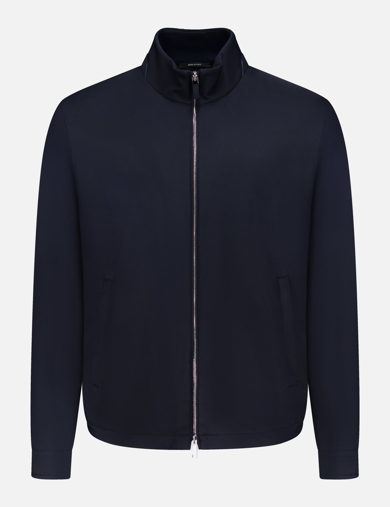 The ZEGNA Motorin 2-way Zip Jacket is a minimalist men’s jacket in plain dark navy, featuring a high collar, long sleeves, and a versatile zip-up design, shown against a white background.