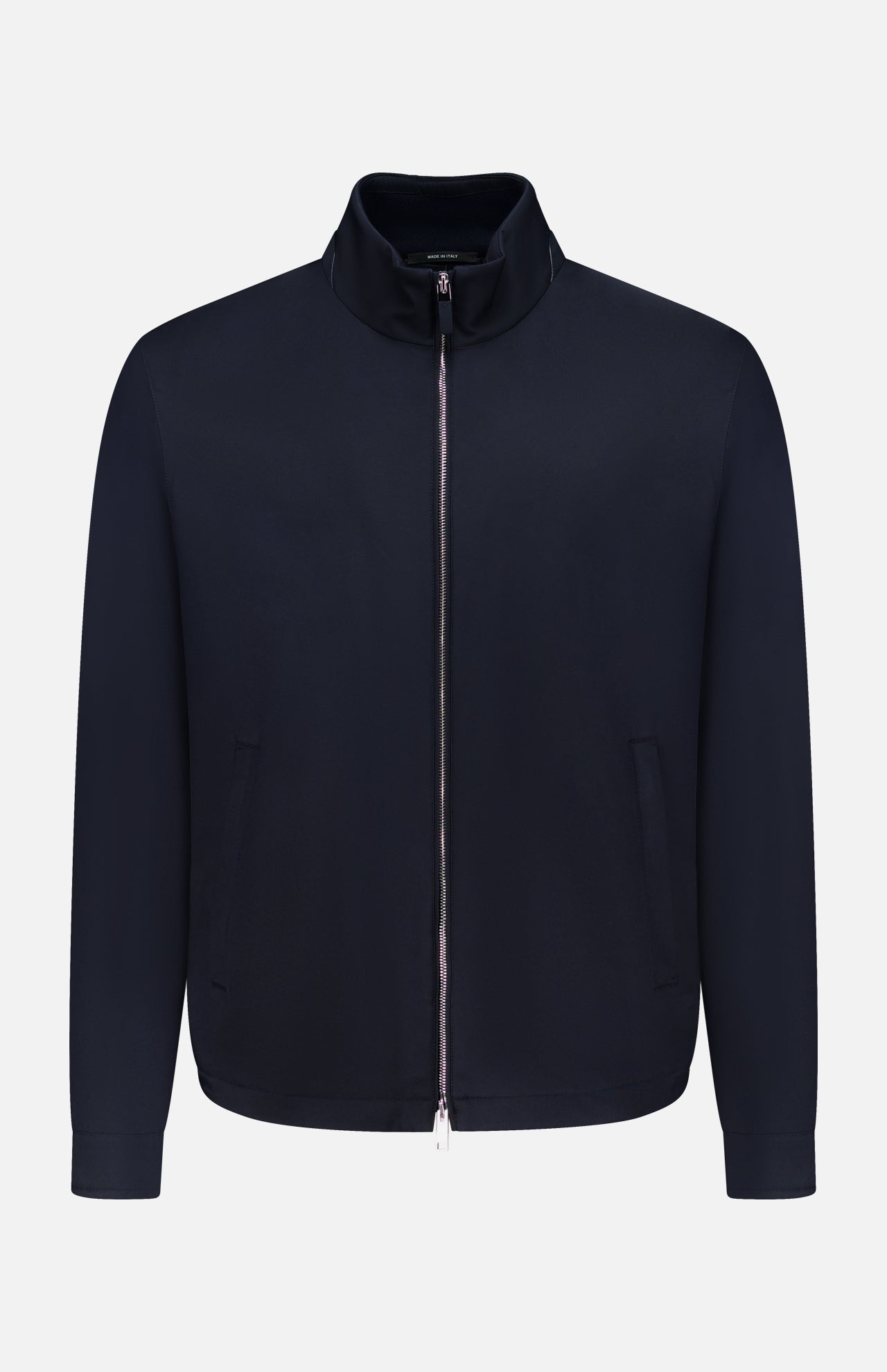 The ZEGNA Motorin 2-way Zip Jacket is a minimalist men’s jacket in plain dark navy, featuring a high collar, long sleeves, and a versatile zip-up design, shown against a white background.