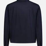 The ZEGNA Motorin 2-way Zip Jacket, a minimalist men’s design in navy blue with long sleeves, is pictured from the back. It features a straight hem, classic collar, and buttoned cuffs, all set against a plain white background.