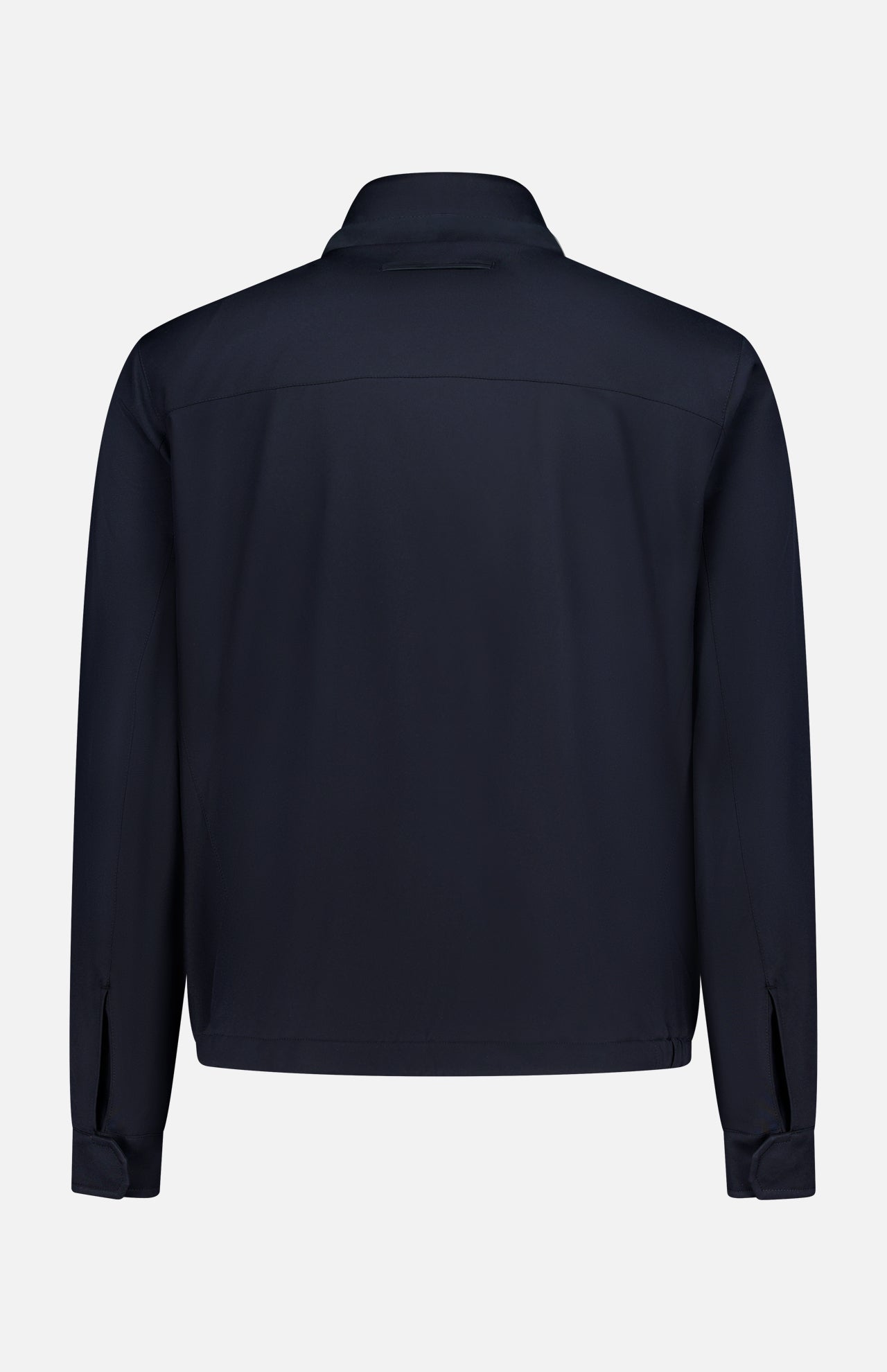 The ZEGNA Motorin 2-way Zip Jacket, a minimalist men’s design in navy blue with long sleeves, is pictured from the back. It features a straight hem, classic collar, and buttoned cuffs, all set against a plain white background.