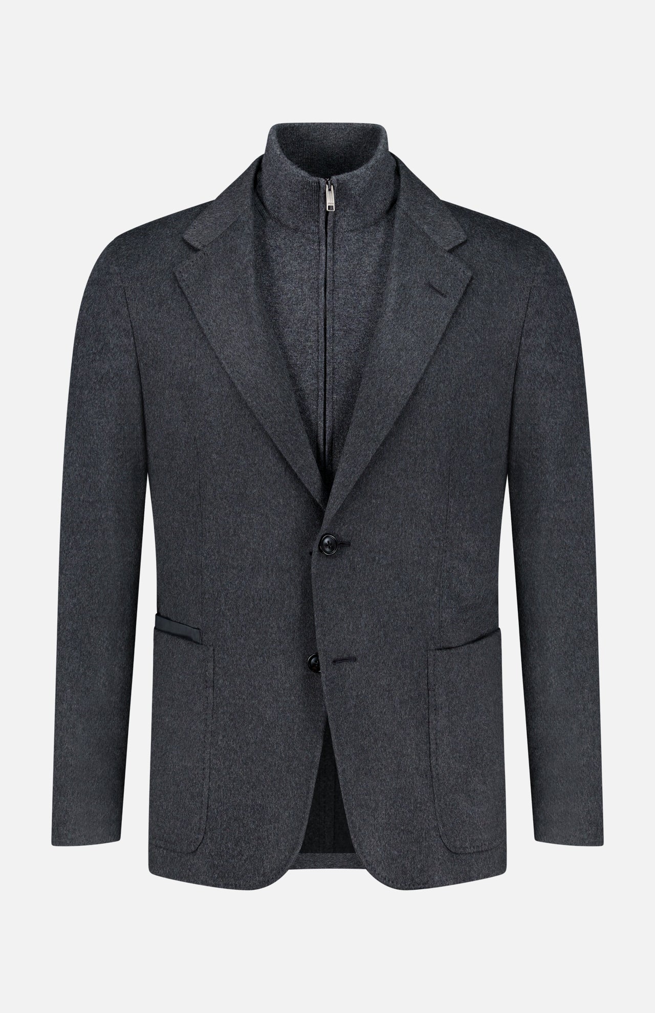 The ZEGNA Oasi Cashmere Beaver Jacket is a dark gray luxury menswear blazer featuring notched lapels, front flap pockets, and a double-button closure, layered over a coordinating zipped mock-neck piece. Expertly crafted in Italy from refined cashmere, it is showcased against a plain white background.