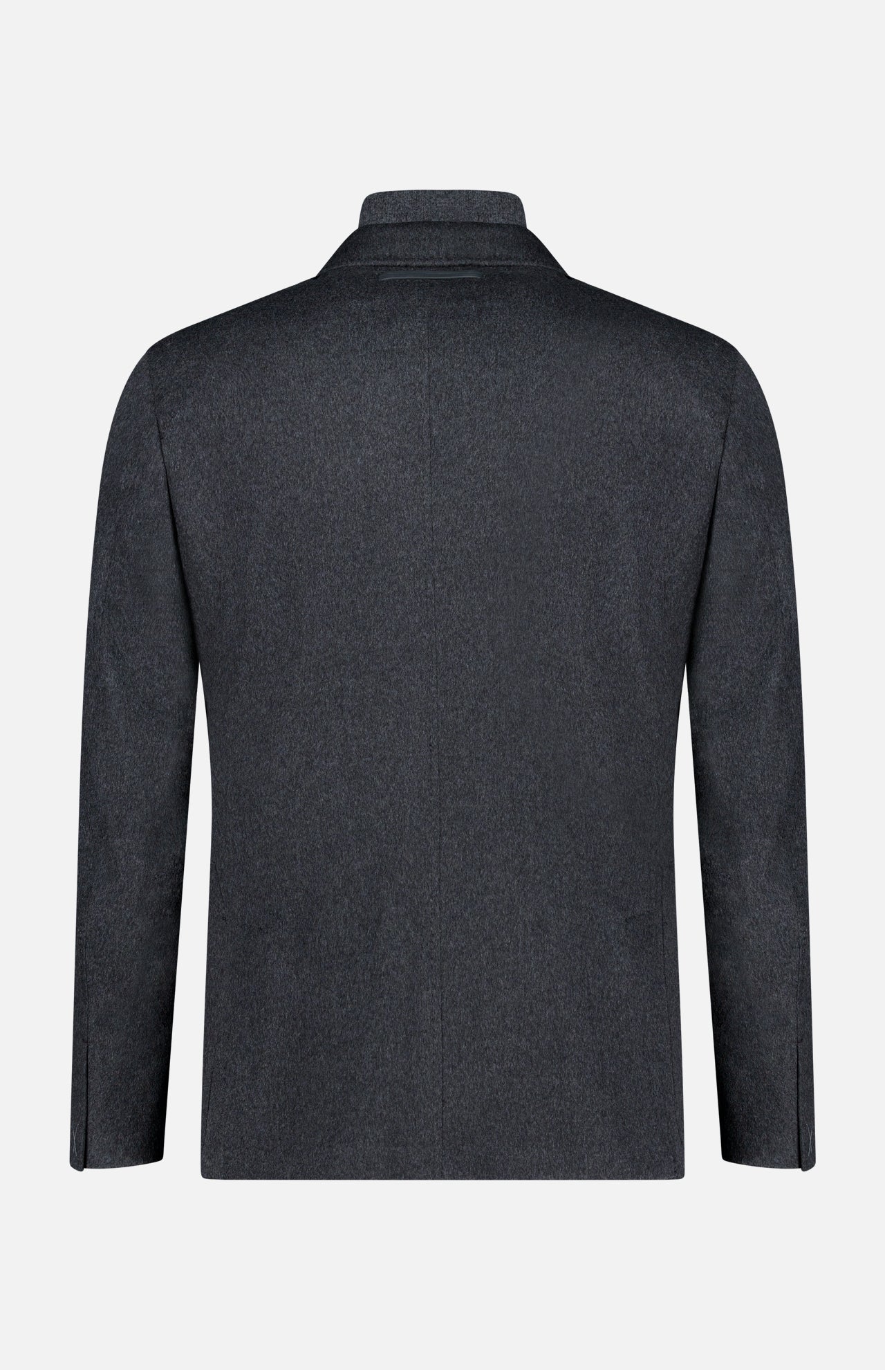 The Oasi Cashmere Beaver Jacket by ZEGNA, in dark gray, is displayed from the back against a plain white background. Expertly crafted in Italy.