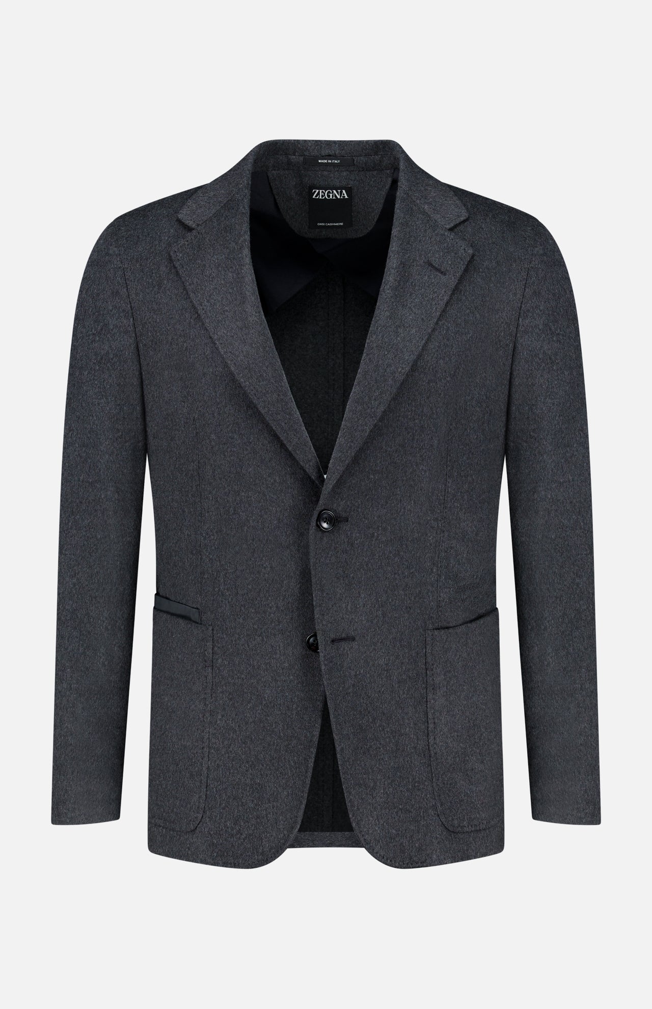 The Oasi Cashmere Beaver Jacket by ZEGNA is a charcoal gray men’s blazer, masterfully crafted in Italy. It showcases two buttons, notched lapels, and front patch pockets—an elegant addition to luxury menswear, displayed on a plain white background.