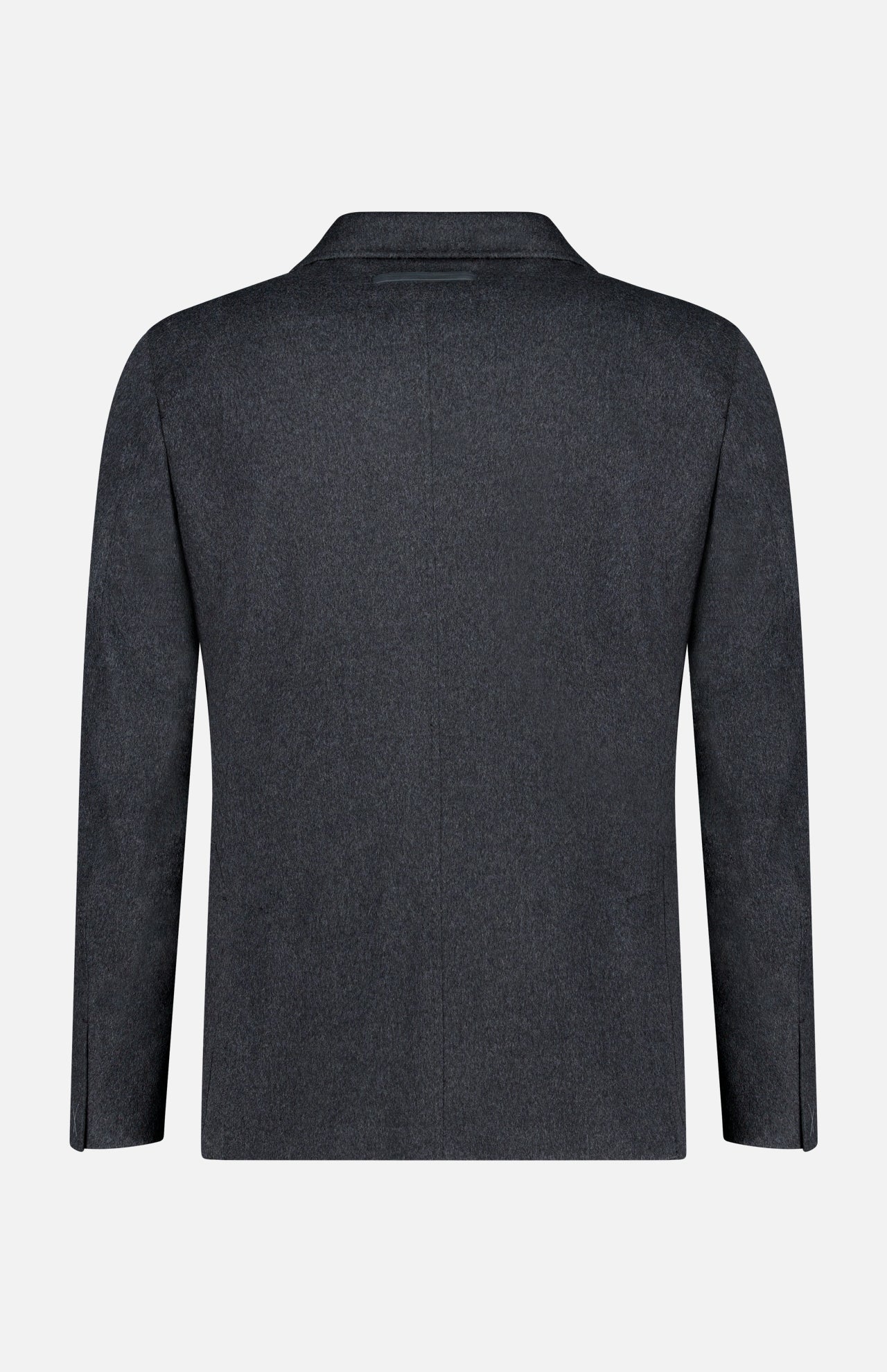 Back view of the ZEGNA Oasi Cashmere Beaver Jacket in dark gray, featuring long sleeves, a notched collar, and a straight hem, shown against a plain light background. This luxury menswear piece is crafted in Italy from premium cashmere and designed without visible buttons, logos, or embellishments.