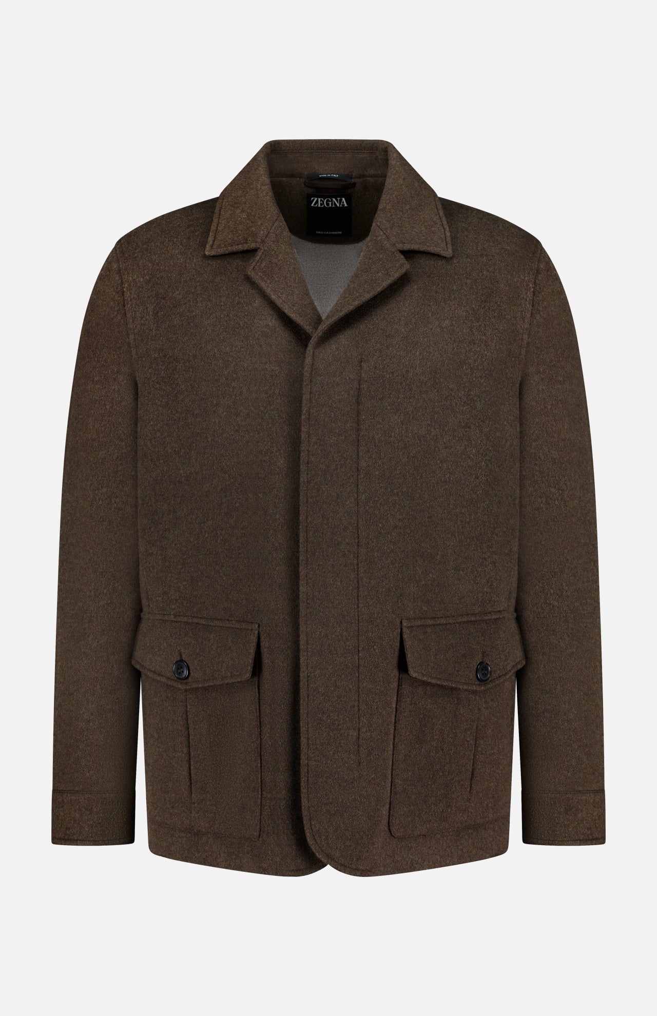 Oasi Cashmere Jacket by ZEGNA: brown wool blend with collar, button-down front, two buttoned flap pockets, long sleeves, and subtle leather accents. Displayed on a plain white background.