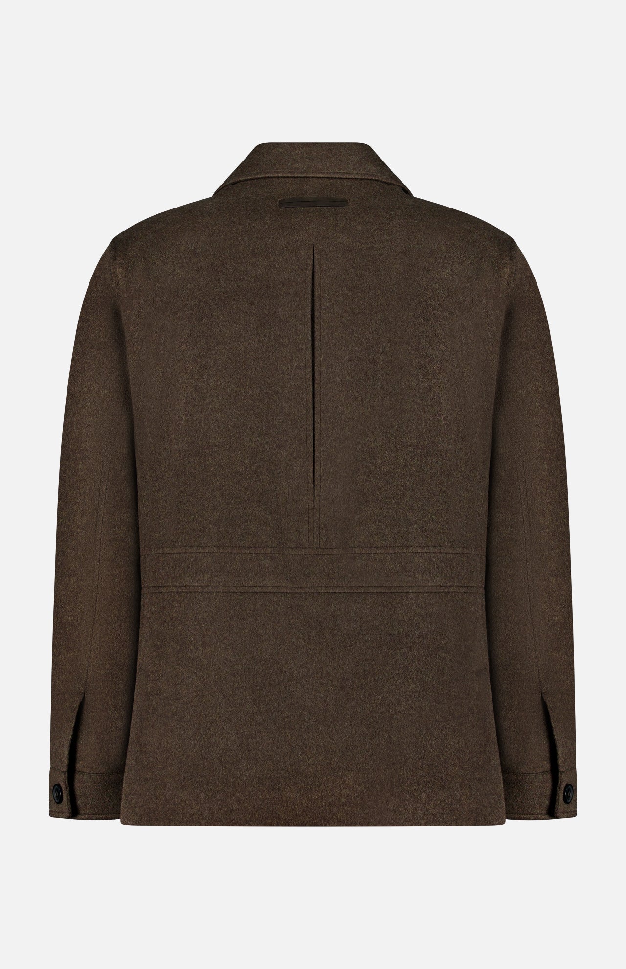 Back view of the Oasi Cashmere Jacket by ZEGNA in brown, featuring a collar, leather accents, central seam, long sleeves with buttoned cuffs, and a straight hem against a white background.