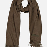 A luxurious brown Oasi Cashmere Scarf by ZEGNA, featuring fringed ends and crafted in Italy, is shown laid flat on a plain white background.