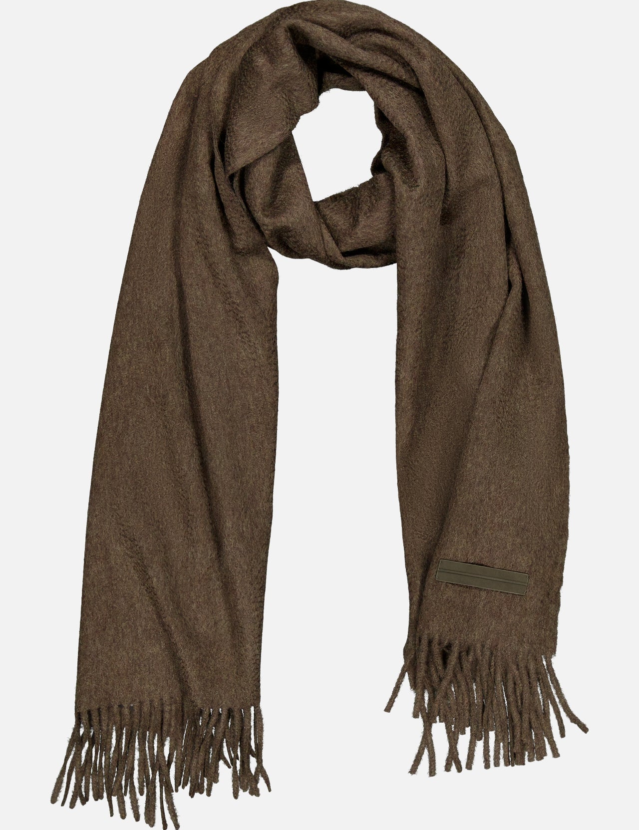 A luxurious brown Oasi Cashmere Scarf by ZEGNA, featuring fringed ends and crafted in Italy, is shown laid flat on a plain white background.