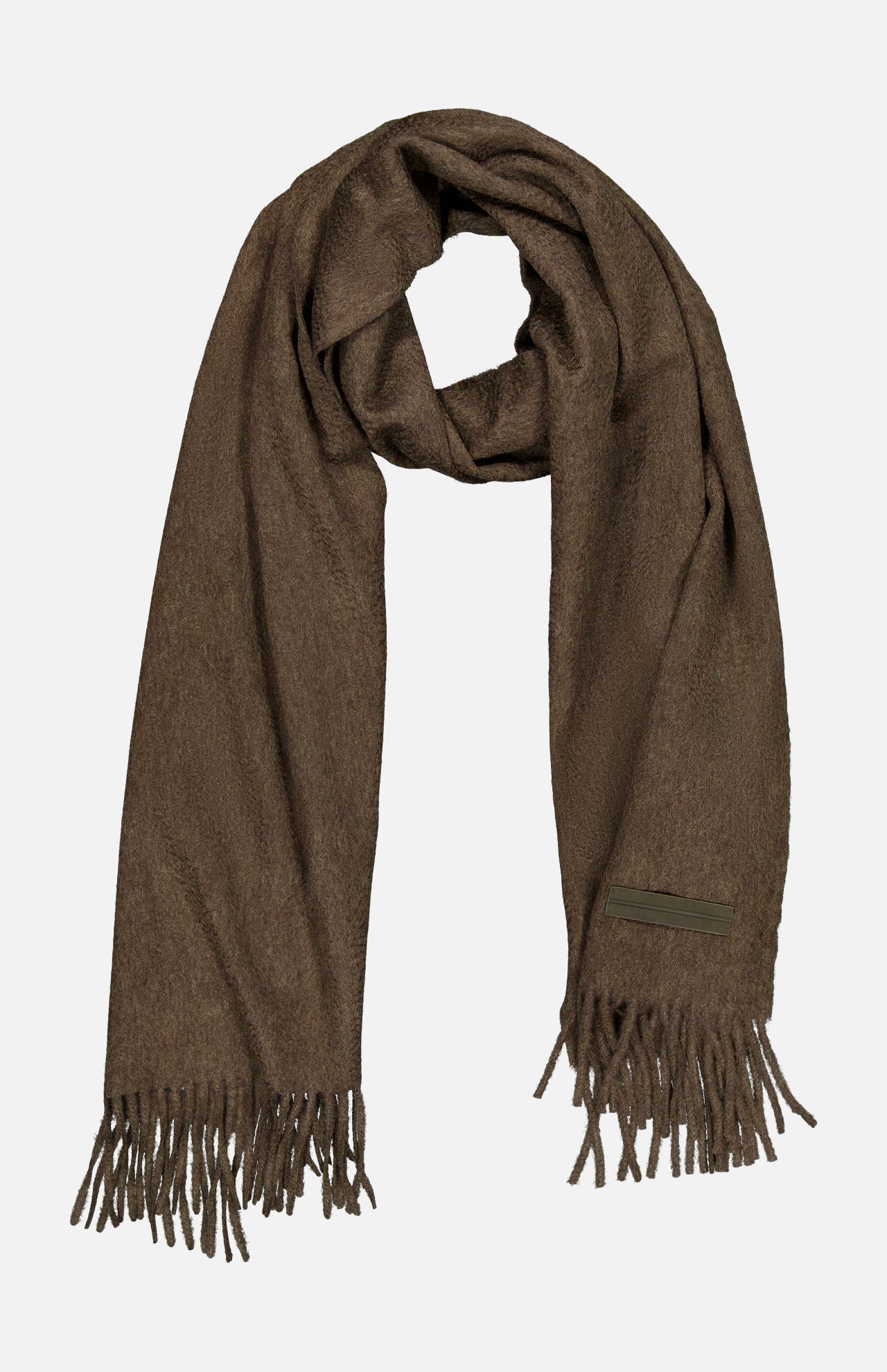 A luxurious brown Oasi Cashmere Scarf by ZEGNA, featuring fringed ends and crafted in Italy, is shown laid flat on a plain white background.