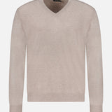 The ZEGNA Oasi Cashmere V-Neck Sweater is shown in beige on a plain white background. This long-sleeve sweater features a classic design with ribbed cuffs and hem.