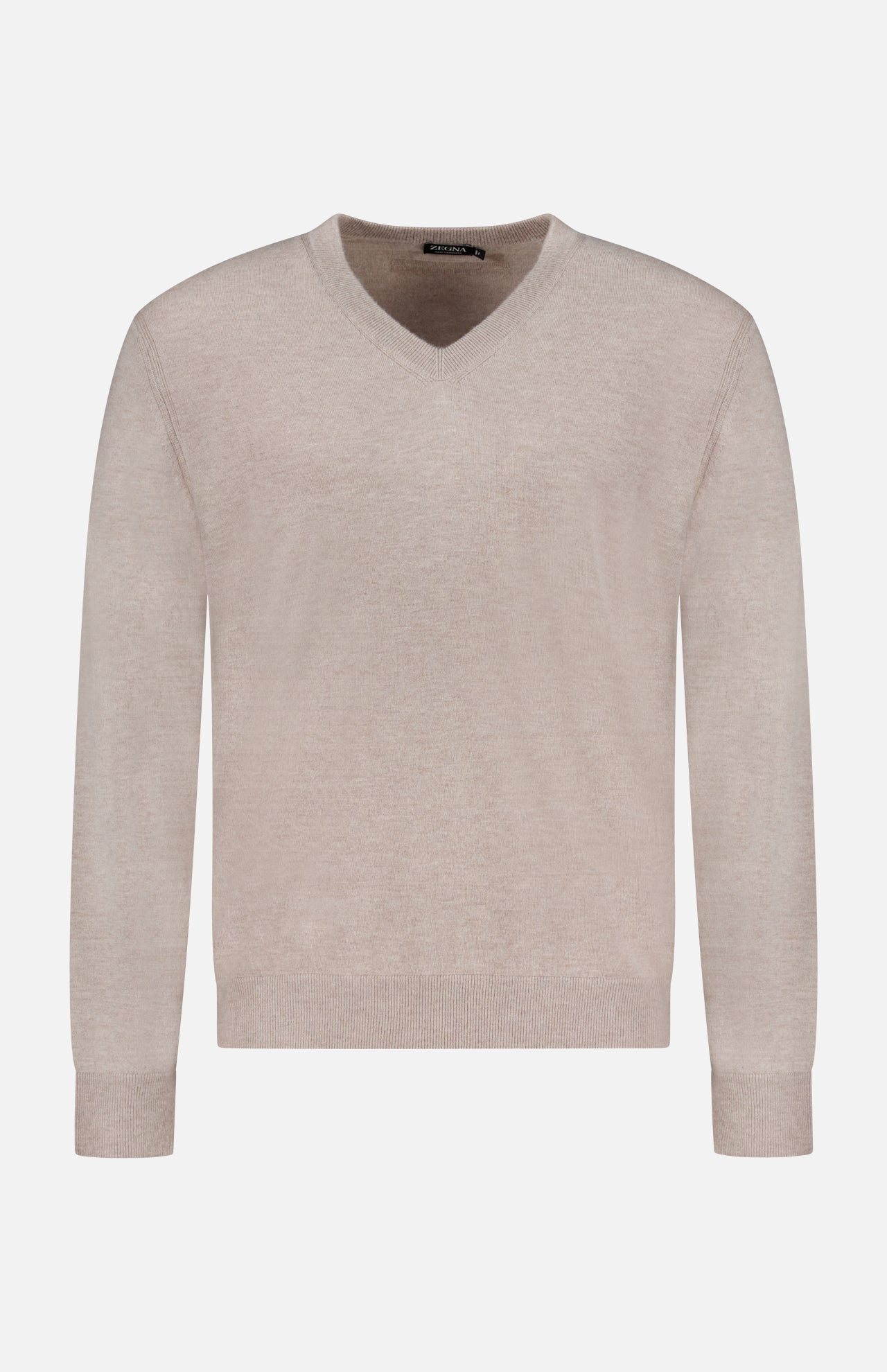 The ZEGNA Oasi Cashmere V-Neck Sweater is shown in beige on a plain white background. This long-sleeve sweater features a classic design with ribbed cuffs and hem.
