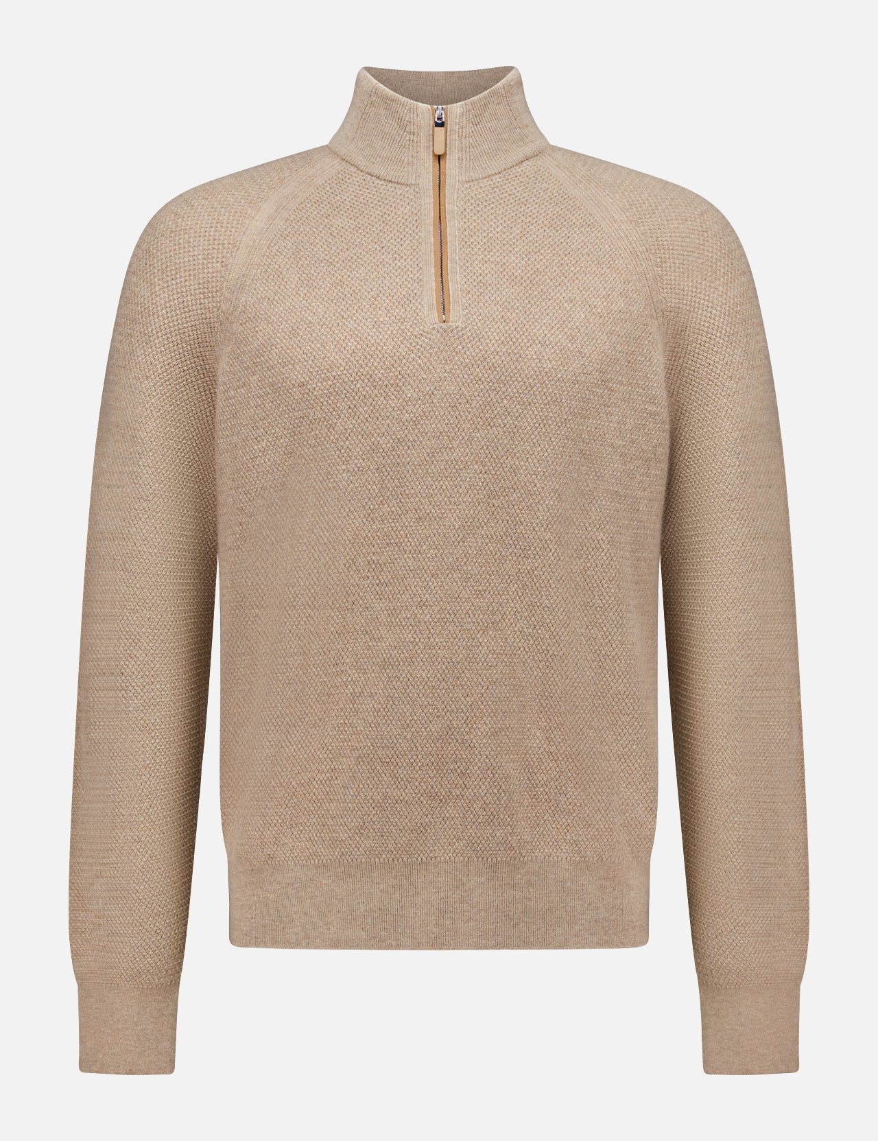 The Oasi Cashmere Zip Mockneck Sweater by ZEGNA is a beige long-sleeve sweater made from luxurious Italian cashmere, featuring a textured pattern, mock neck half-zip collar, and ribbed cuffs, presented on a plain white background.