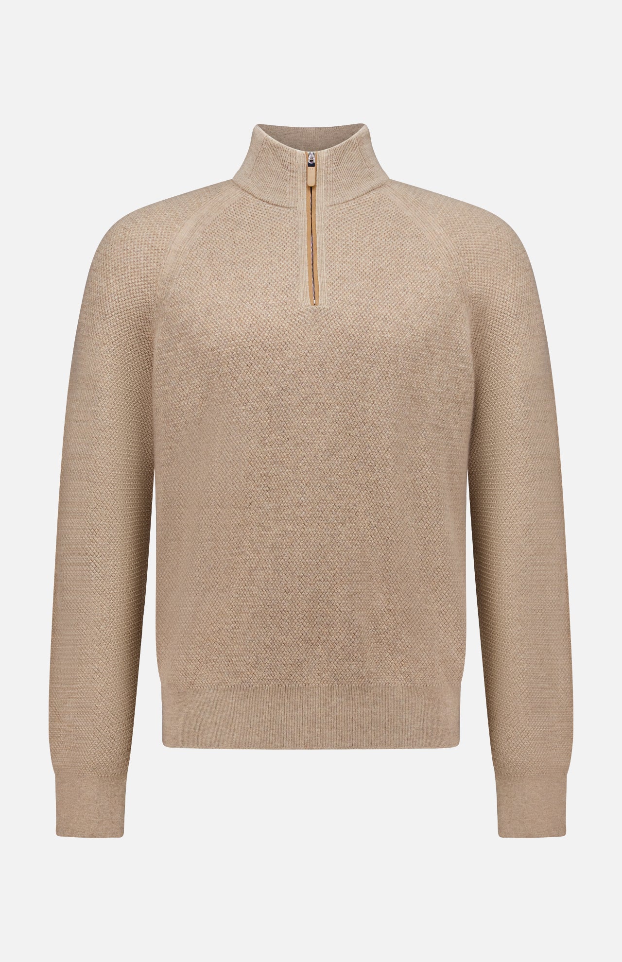 The Oasi Cashmere Zip Mockneck Sweater by ZEGNA is a beige long-sleeve sweater made from luxurious Italian cashmere, featuring a textured pattern, mock neck half-zip collar, and ribbed cuffs, presented on a plain white background.