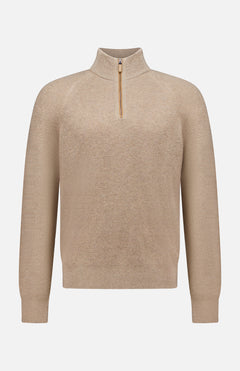 The Oasi Cashmere Zip Mockneck Sweater by ZEGNA is a beige long-sleeve sweater made from luxurious Italian cashmere, featuring a textured pattern, mock neck half-zip collar, and ribbed cuffs, presented on a plain white background.