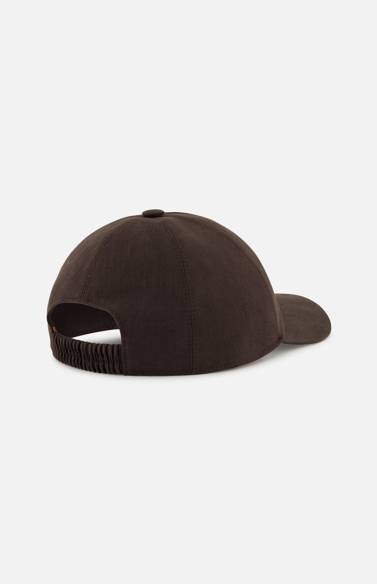 The ZEGNA Oasi Lino Lined Baseball Cap is shown from the back, in dark brown 100% linen. It features a curved brim and an adjustable strap with openings for a custom fit, set against a plain white background.