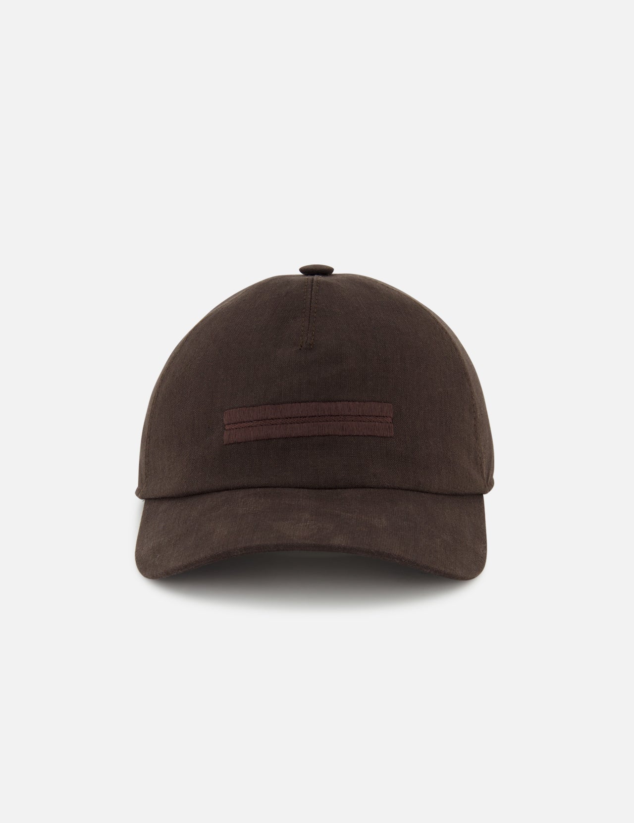 The ZEGNA Oasi Lino Lined Baseball Cap is a dark brown 100% linen cap with a curved brim and horizontal brown front stripe, shown against a white background.