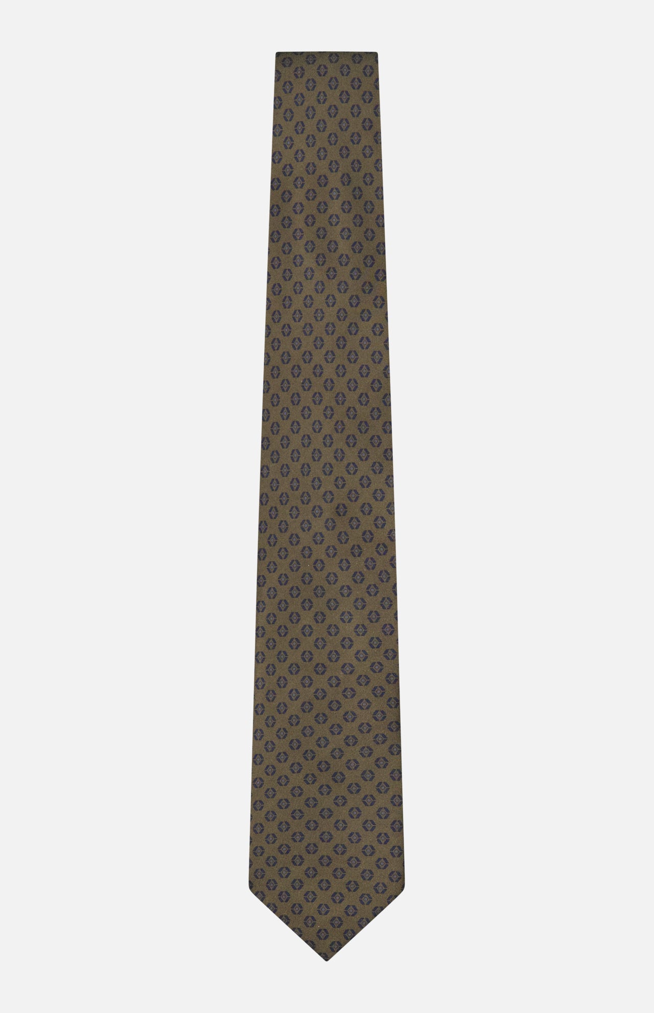 The ZEGNA Geometric Pattern Silk Tie in brown features a subtle repeating pattern of small blue ovals, shown against a plain white background.