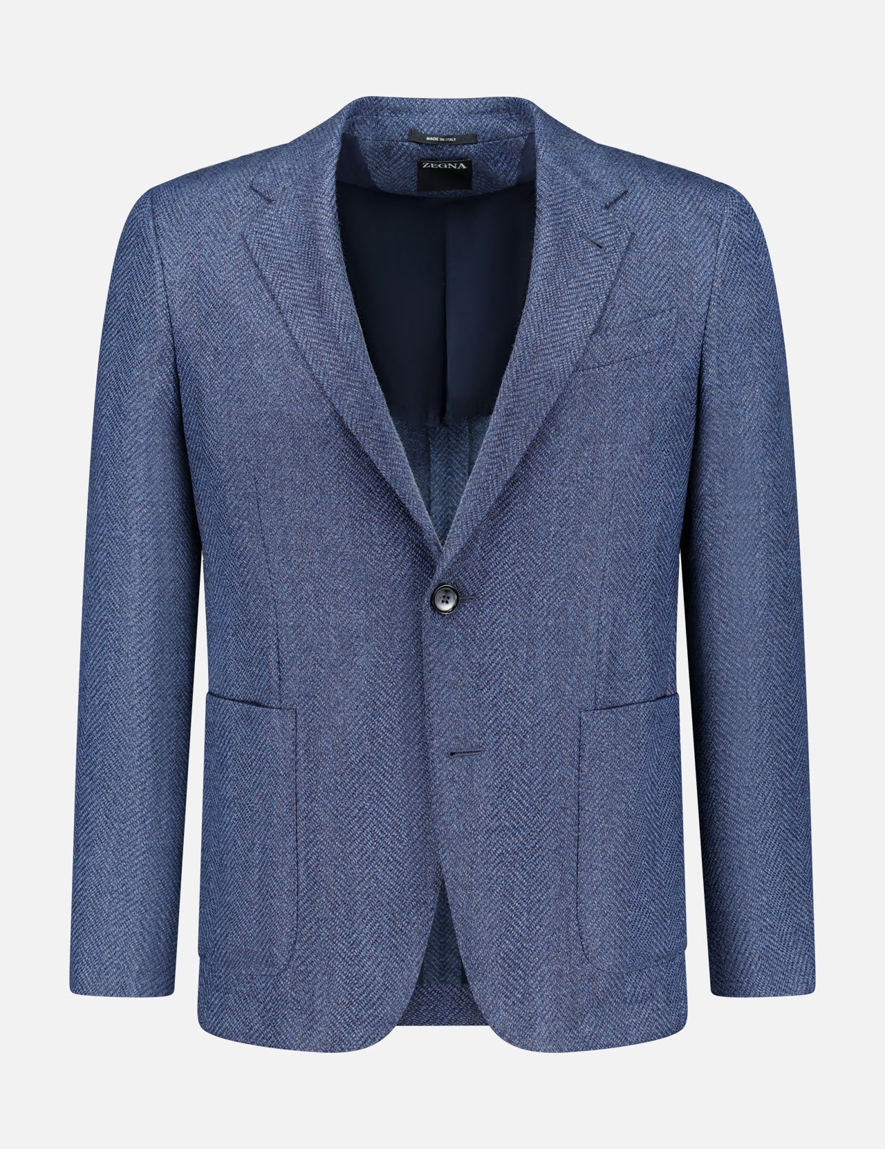 ZEGNA Pure Cashmere Sportcoat in blue herringbone, featuring notched lapels, front button closure, two lower patch pockets, and a chest pocket, presented against a white background—an elegant choice for refined occasions.
