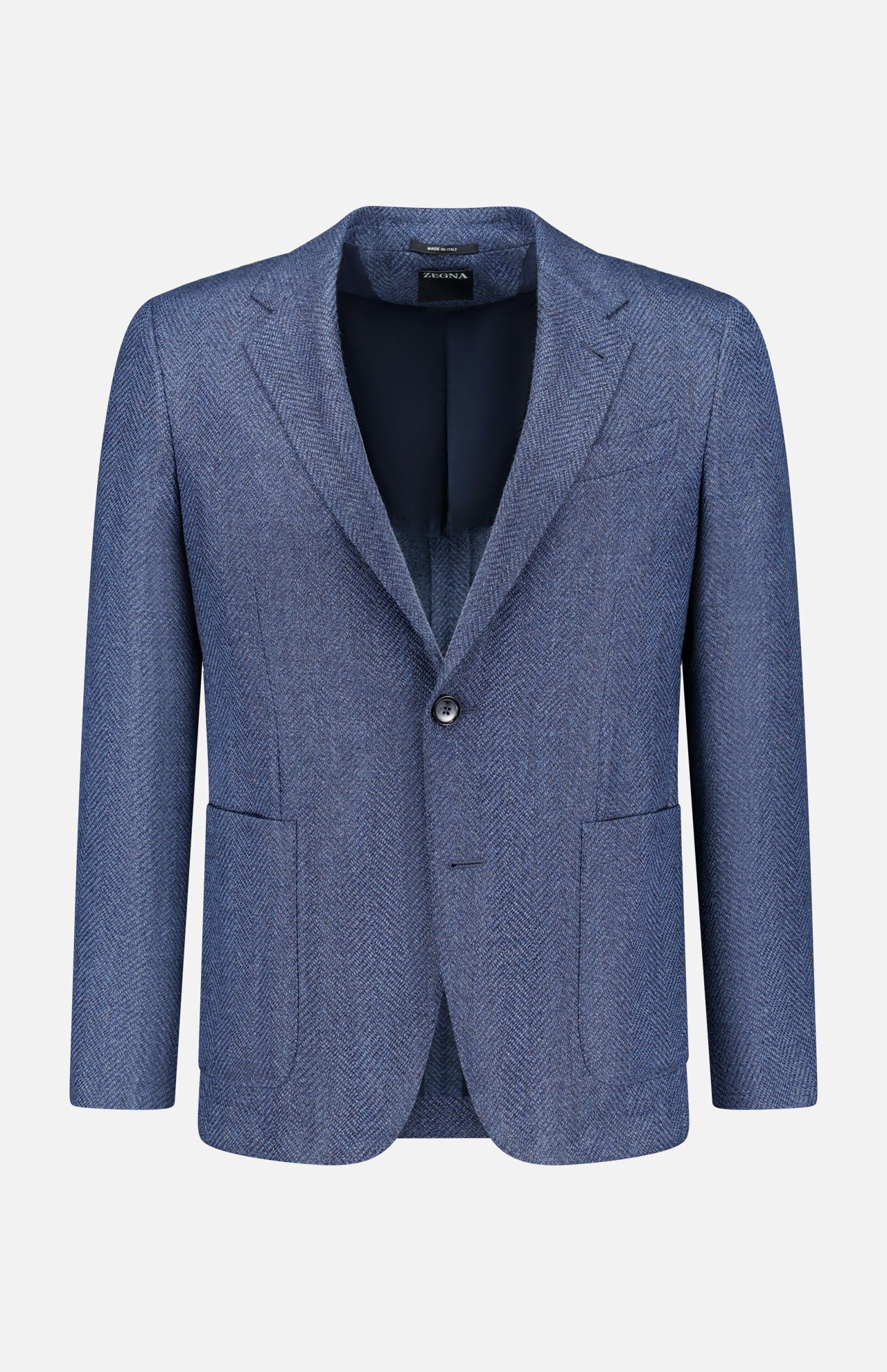 ZEGNA Pure Cashmere Sportcoat in blue herringbone, featuring notched lapels, front button closure, two lower patch pockets, and a chest pocket, presented against a white background—an elegant choice for refined occasions.