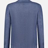 Back view of the ZEGNA Pure Cashmere Sportcoat in dark blue herringbone, featuring long sleeves, a collar, and a slightly curved hem, displayed against a plain white background.
