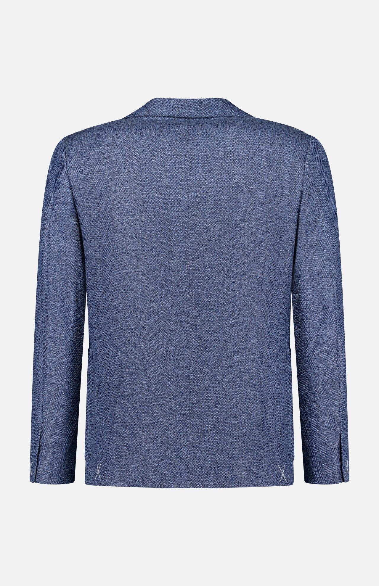 Back view of the ZEGNA Pure Cashmere Sportcoat in dark blue herringbone, featuring long sleeves, a collar, and a slightly curved hem, displayed against a plain white background.