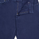 A pair of ZEGNA Pure Cotton Slim Fit Pants in dark blue, shown with the waistband and zipper partially open to reveal the inside pocket and button fly details.