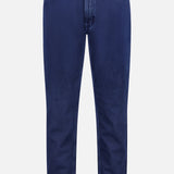 ZEGNA Pure Cotton Slim Fit Pants in dark blue, featuring a straight-leg cut, classic 5-pocket design, and button fly, shown against a white background.