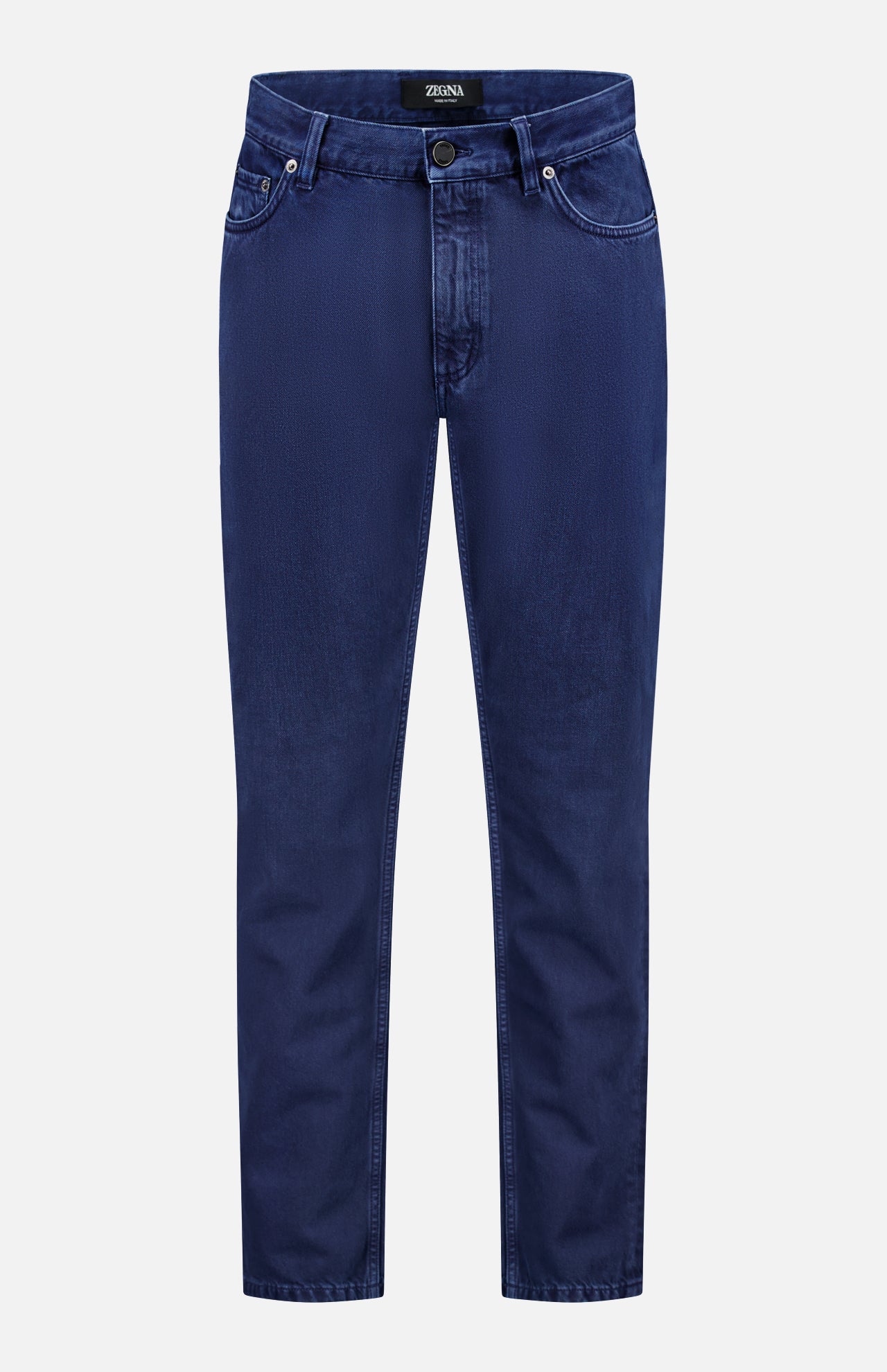 ZEGNA Pure Cotton Slim Fit Pants in dark blue, featuring a straight-leg cut, classic 5-pocket design, and button fly, shown against a white background.