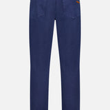 Back view of ZEGNA Pure Cotton Slim Fit Pants in dark blue, featuring a 5-pocket design, belt loops, and a brown leather patch on the waistband. Pants are displayed against a plain white background.