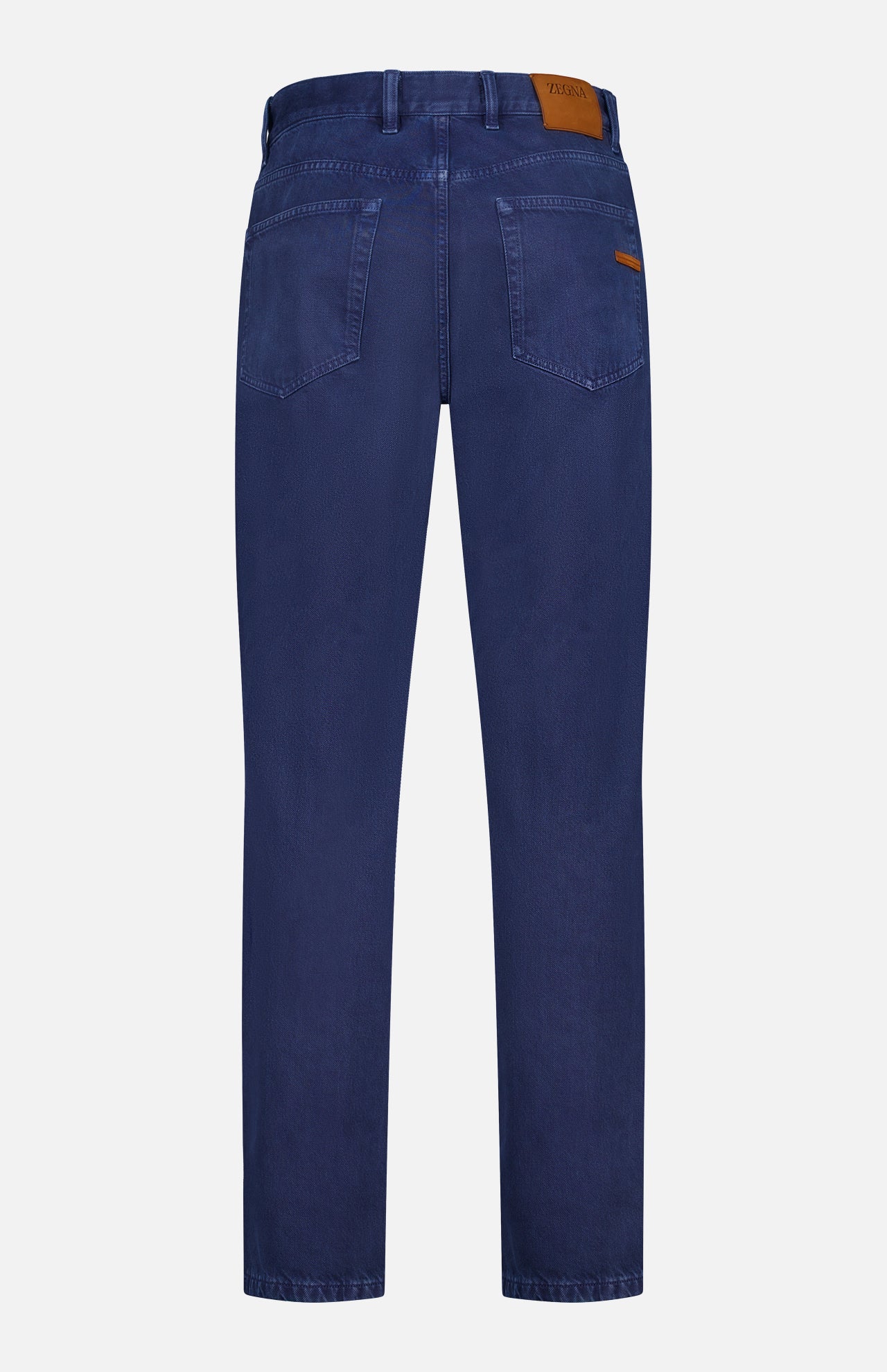 Back view of ZEGNA Pure Cotton Slim Fit Pants in dark blue, featuring a 5-pocket design, belt loops, and a brown leather patch on the waistband. Pants are displayed against a plain white background.