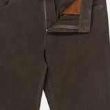 Close-up of brown Pure Cotton Slim Fit Pants by ZEGNA with front zipper and button fly partially open, revealing brown inner lining—ideal for vintage workwear enthusiasts.