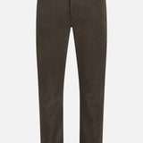 Pure Cotton Slim Fit Pants by ZEGNA in dark brown, inspired by vintage workwear, with button and zipper closure, front and back pockets, and belt loops, shown on a white background.