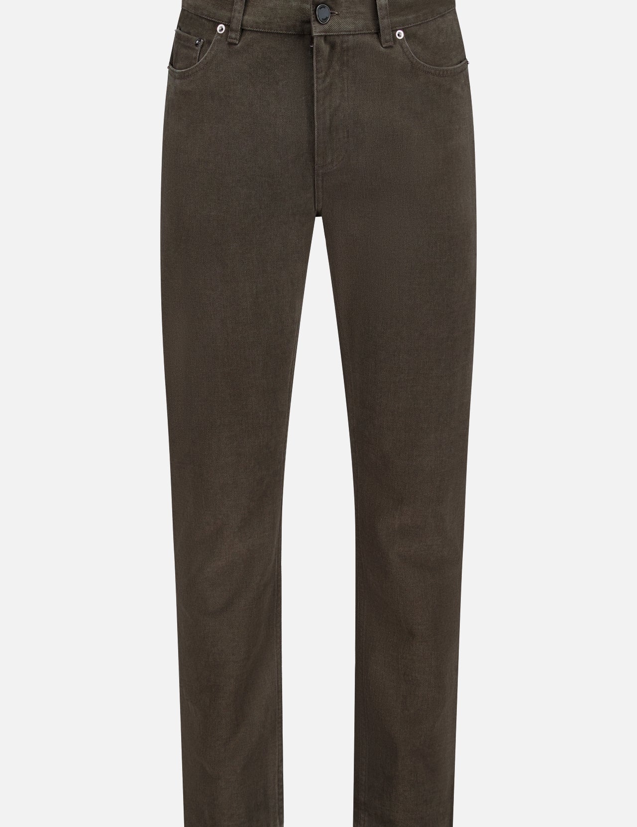 Pure Cotton Slim Fit Pants by ZEGNA in dark brown, inspired by vintage workwear, with button and zipper closure, front and back pockets, and belt loops, shown on a white background.