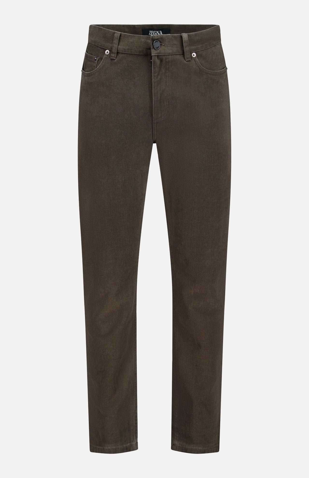 Pure Cotton Slim Fit Pants by ZEGNA in dark brown, inspired by vintage workwear, with button and zipper closure, front and back pockets, and belt loops, shown on a white background.