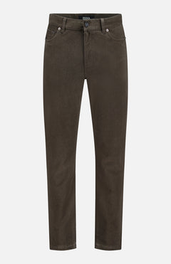 Pure Cotton Slim Fit Pants by ZEGNA in dark brown, inspired by vintage workwear, with button and zipper closure, front and back pockets, and belt loops, shown on a white background.