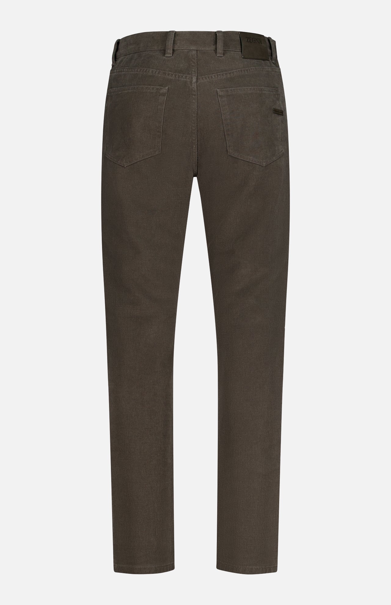 Back view of ZEGNA Pure Cotton Slim Fit Pants in brown with vintage workwear details, two back pockets, and belt loops, shown against a white background.