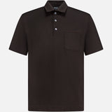 The ZEGNA Pure Cotton Piquet Short Sleeve Polo Shirt in dark brown features a three-button collar and single chest pocket, shown on a plain white background.