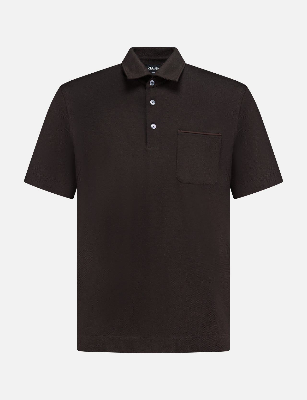 The ZEGNA Pure Cotton Piquet Short Sleeve Polo Shirt in dark brown features a three-button collar and single chest pocket, shown on a plain white background.