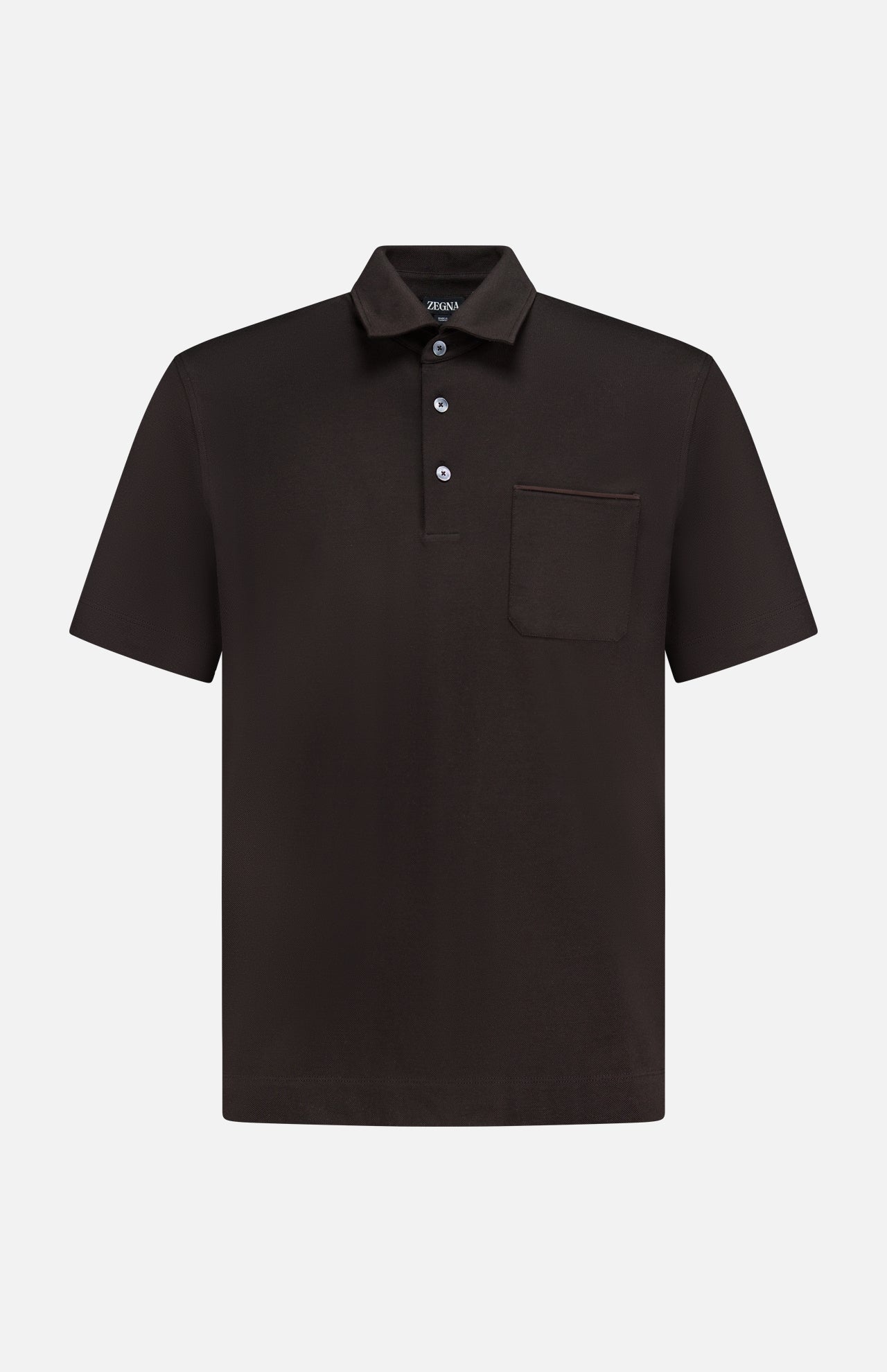 The ZEGNA Pure Cotton Piquet Short Sleeve Polo Shirt in dark brown features a three-button collar and single chest pocket, shown on a plain white background.