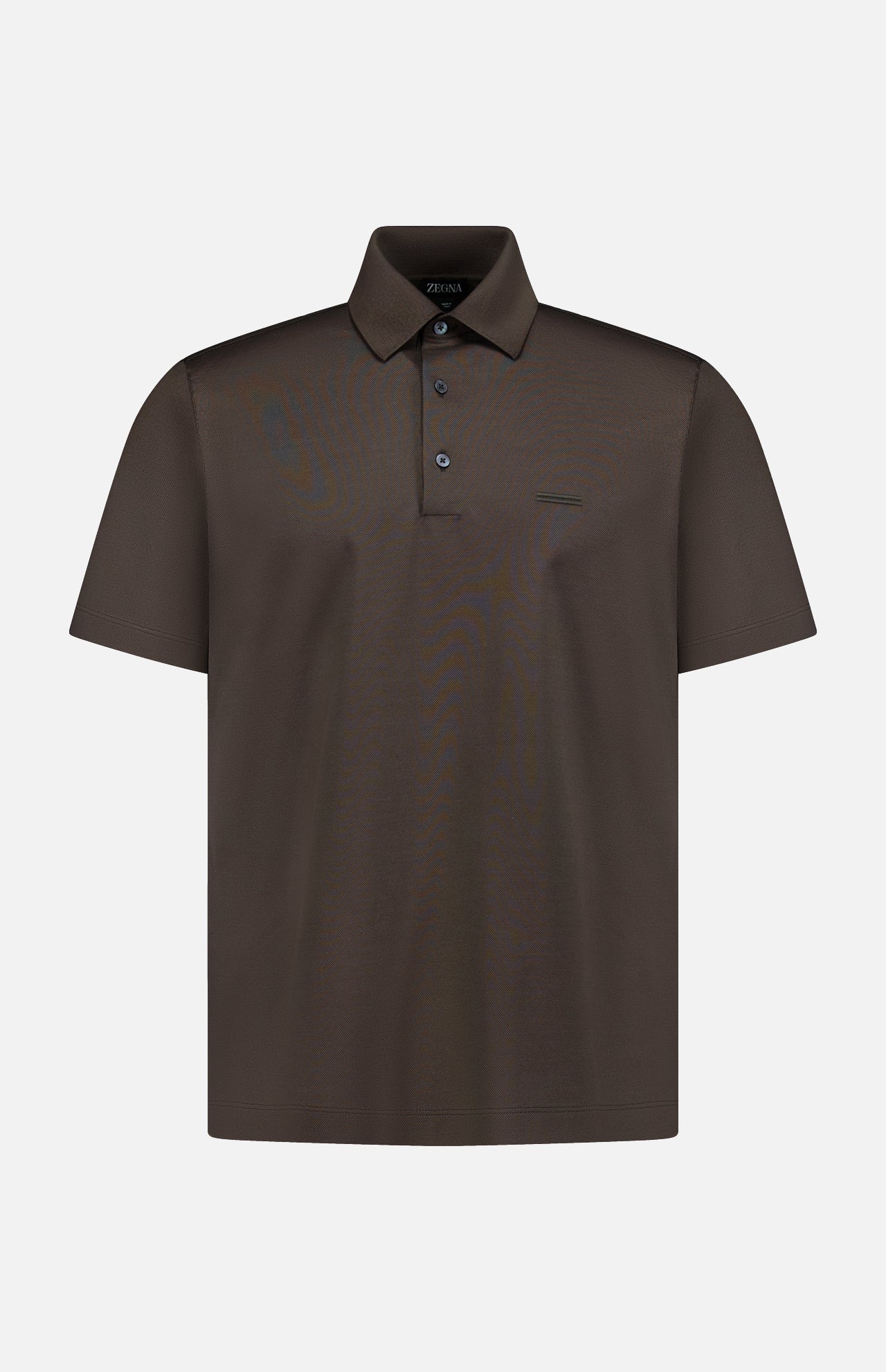 The ZEGNA Pure Cotton Short Sleeve Polo Shirt in dark brown features a collar and three buttons, is made in Italy, and is shown against a white background.