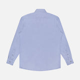 The ZEGNA Pure Silk Dress Shirt in light blue features long sleeves, a classic collar, and buttoned cuffs. Made in Italy from pure silk, it is shown laid flat from the back on a white background.