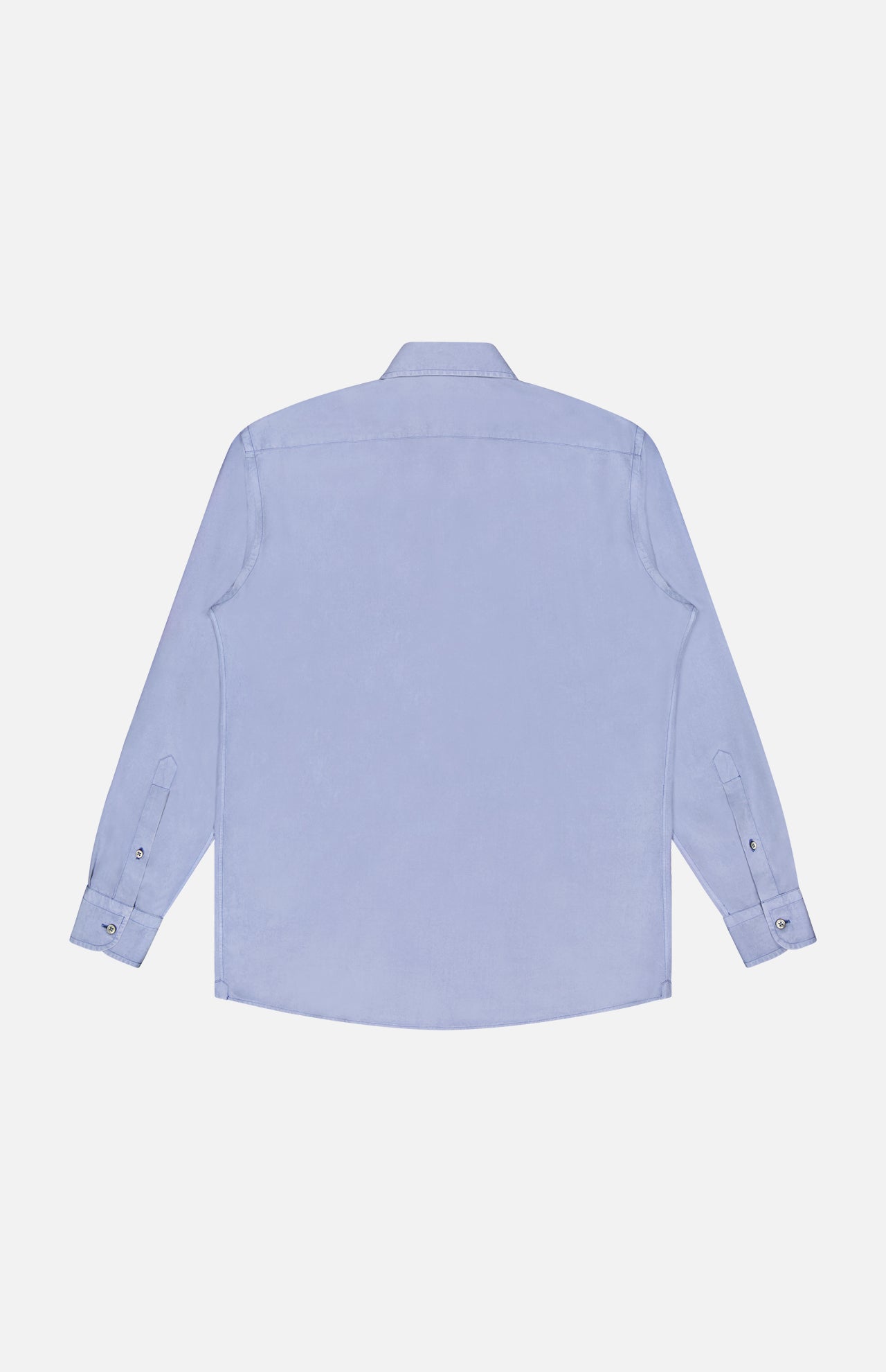 The ZEGNA Pure Silk Dress Shirt in light blue features long sleeves, a classic collar, and buttoned cuffs. Made in Italy from pure silk, it is shown laid flat from the back on a white background.