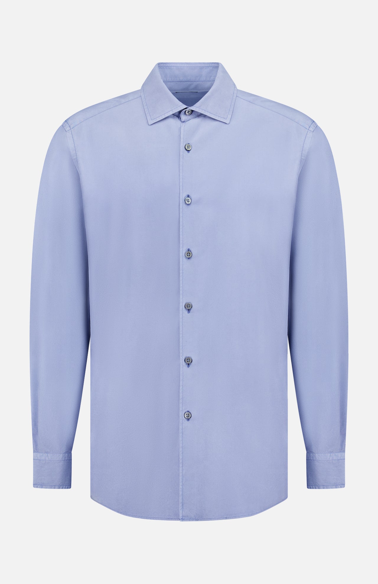 The Pure Silk Dress Shirt by ZEGNA is a long-sleeved, light blue button-up with a classic collar. Displayed front-facing on a white background, it features smooth silk texture and a simple, clean design.
